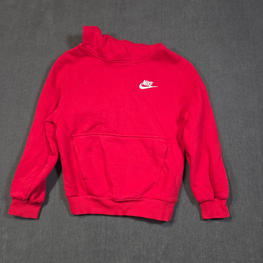 Nike Hoodie Kids XS Red Pullover Fleece Kangaroo Pocket Sportswear Logo